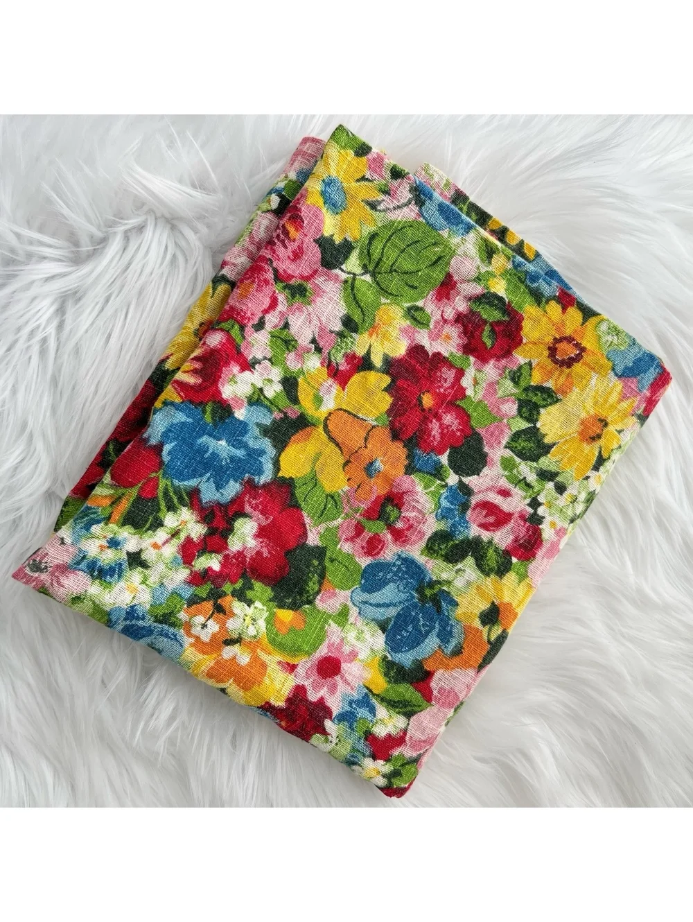 Vintage Bright Floral Linen Blend Fabric 1 Yard Curtain Panel Craft Upholstery